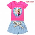 Girls FROZEN Anna and Elsa Tee and bow tie thin denim shorts